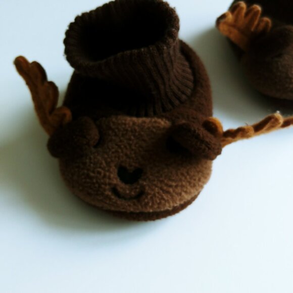 Joe Fresh Brown Fleece Moose 3D Ears and Antlers  Baby Booties 0-6 Months - Picture 4 of 10